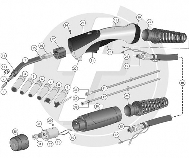 Сварочная горелка для MIG/MAG сварки 7XM-15 (180 А - 60% ПВ, воздушное охлаждение) запчасти Сварочная горелка для MIG/MAG сварки 7XM-15 (180 А - 60% ПВ, воздушное охлаждение) запчасти