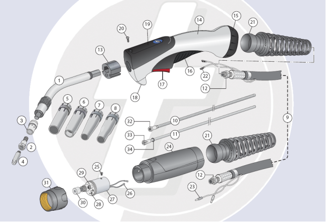 Сварочная горелка для MIG/MAG сварки 7XM-36 (320 А - 60% ПВ, воздушное охлаждение) запчасти Сварочная горелка для MIG/MAG сварки 7XM-36 (320 А - 60% ПВ, воздушное охлаждение) запчасти