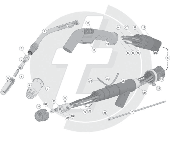 Сварочная горелка для MIG/MAG сварки с отводом дыма DWF-240 (250 А - 60% ПВ, жидкостное охлаждение) запчасти