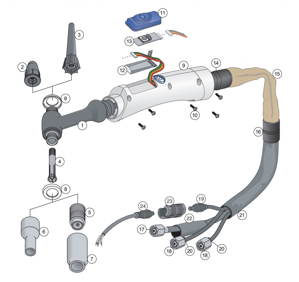 Сварочная горелка для TIG сварки 6XT-301 (350 А - 100% ПВ, жидкостное охлаждение) запчасти Сварочная горелка для TIG сварки 6XT-301 (350 А - 100% ПВ, жидкостное охлаждение) запчасти